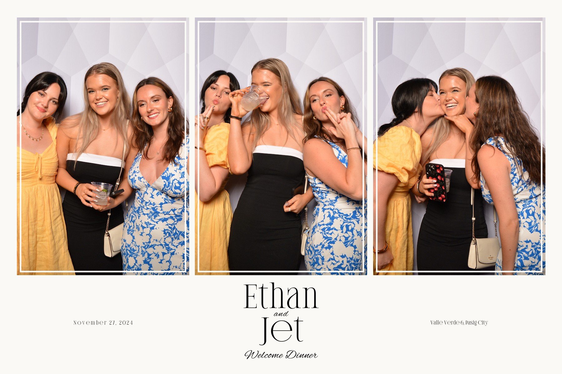 Photo strip of three pictures from a wedding reception with four women. In the first photo, the women are smiling and posing together, with one holding a drink and a phone. In the second photo, three women are making playful gestures, with one drinki