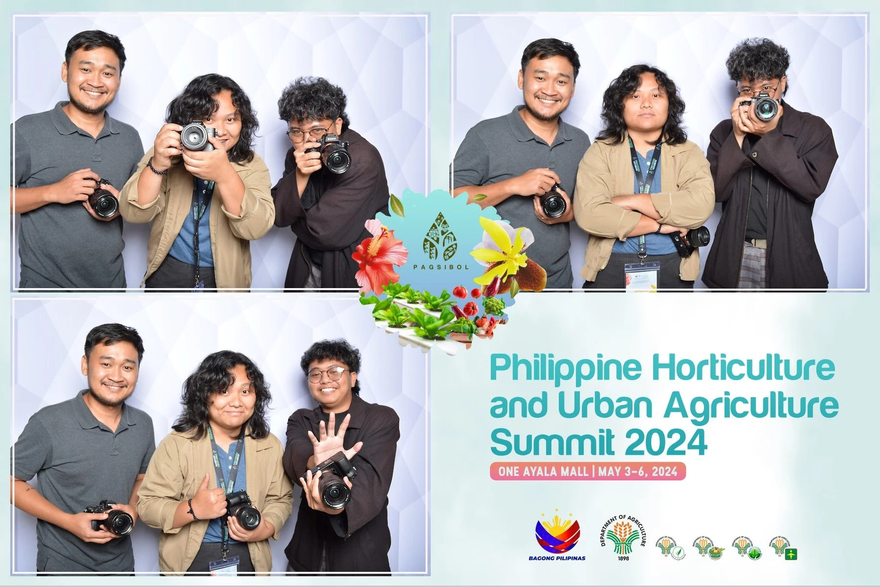 Group of people taking photos at the Philippine Horticulture and Urban Agriculture Summit 2024, with event details and logos visible.