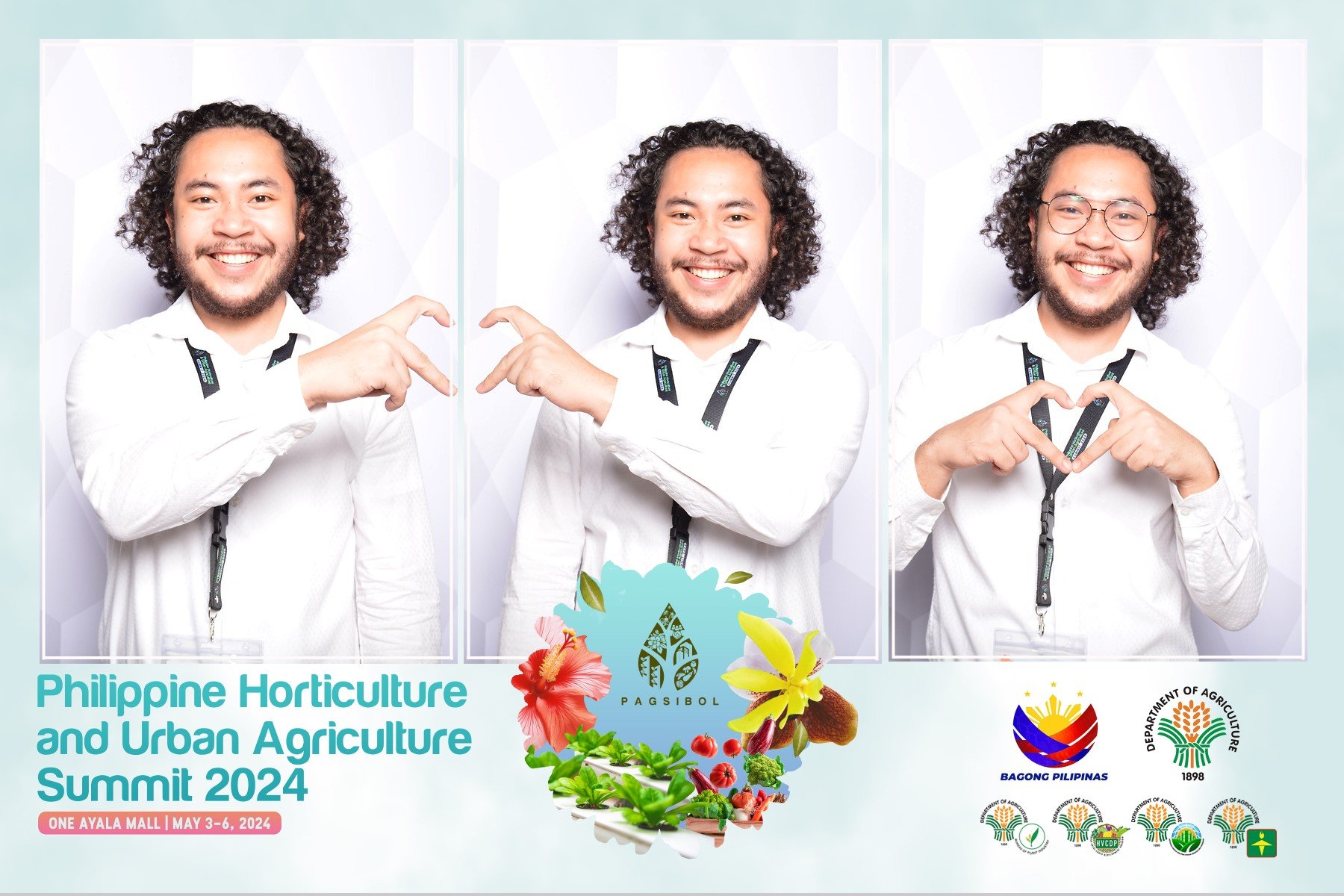 Three men smiling and making hand gestures for 'peace', 'love', and 'heart', at the Philippine Horticulture and Urban Agriculture Summit 2024, held at One Ayala Mall from May 3-6, 2024, with logos of PAGIBOL, Bagong Pilipinas, and the Department of A