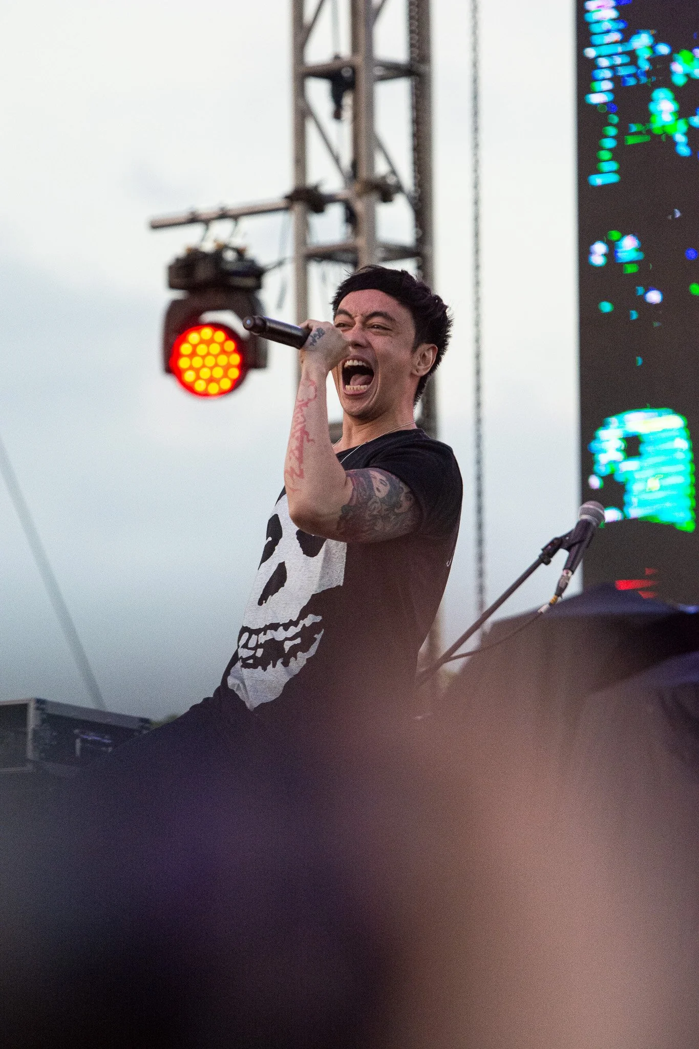 A male singer passionately performing on stage with a microphone, wearing a black t-shirt with a skull design, with tattoos on his arm, and stage lighting and equipment visible in the background.