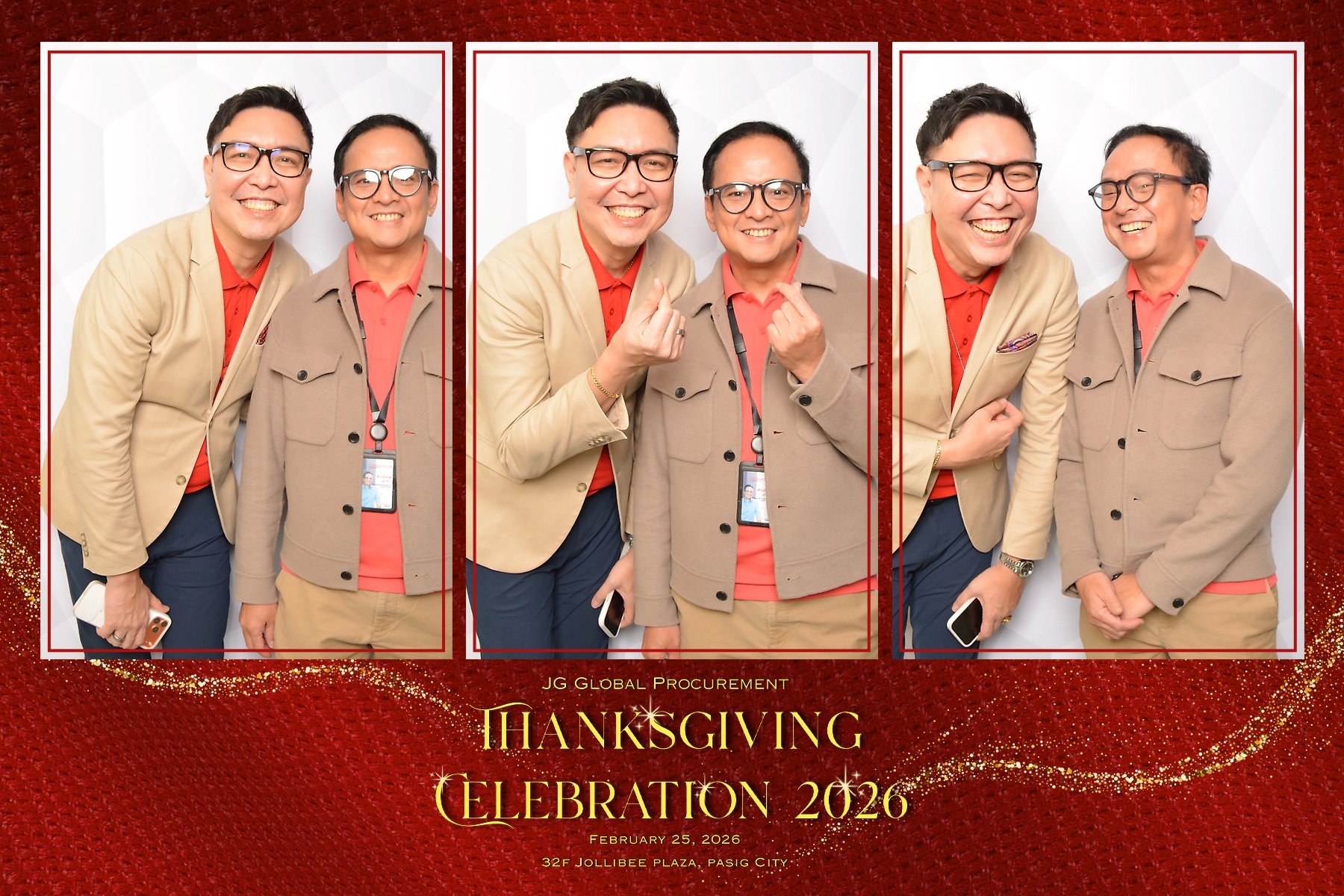 Triptych of three photos at a Thanksgiving celebration event. The photos feature two men with glasses, smiling, and wearing beige and tan jackets with red shirts underneath, posing against a white backdrop. The bottom of the image has a red, glittery