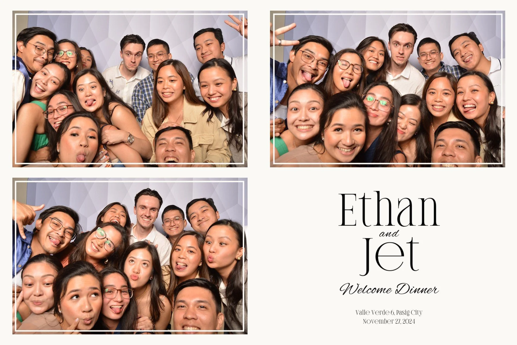 A collage of three group photos of friends at a welcome dinner, with text indicating the names Ethan and Jet, the event date November 21, 2024, and location Valle Verde 6, Pasig City.