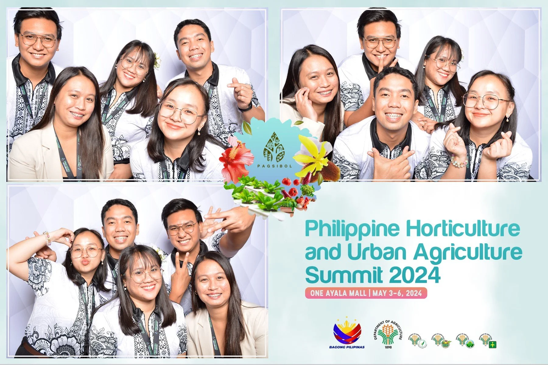 Group of people attending the Philippine Horticulture and Urban Agriculture Summit 2024, taking photos and smiling at a photo booth, with event branding and floral graphics.