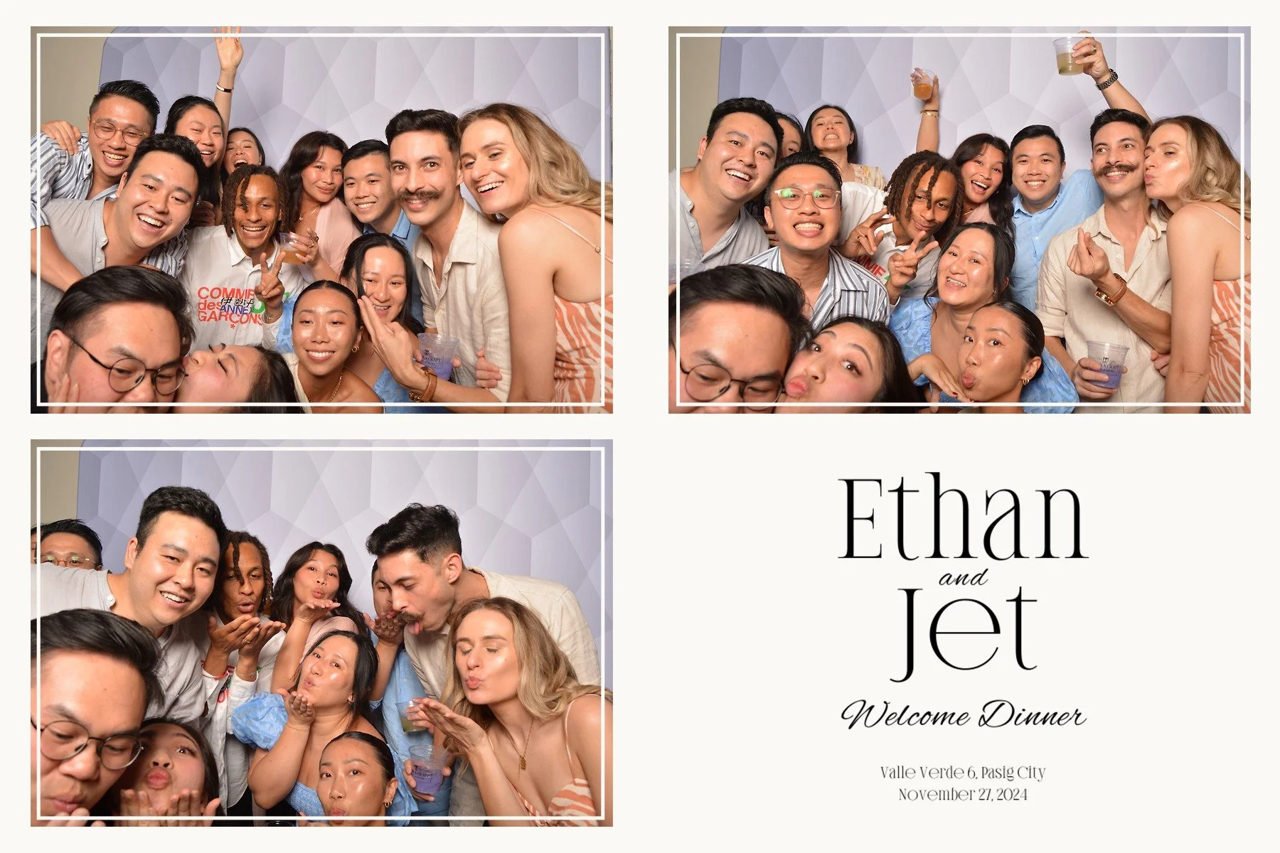 Photo booth collage of friends at Ethan and Jet's wedding reception, South City, November 21, 2024.
