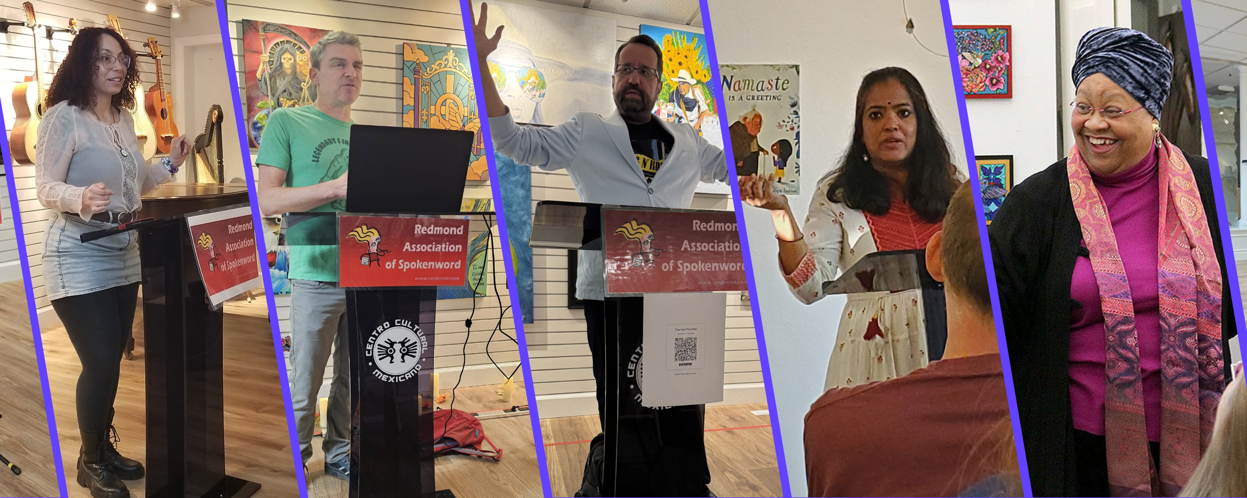 Group of diverse people speaking and presenting at an event organized by the Redmond Association of Spoken Word, with artwork displayed on walls behind them.