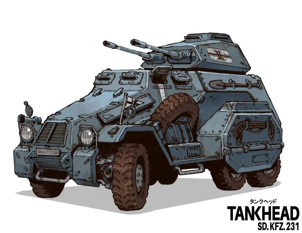 A detailed illustration of a ww2 inspired armored car with dual gun barrels on top, rugged tires, and a blue-gray armored exterior.  Text indicating "TANKHEAD" and "SD. KFZ. 231" at the bottom.