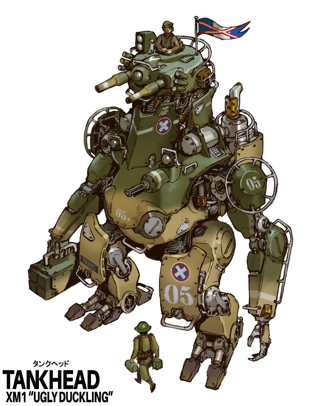A detailed illustration of a large, military-style robot named Tankhead, equipped with tank-like features and armor, with a soldier and a small figure outside it, and a flag on top.