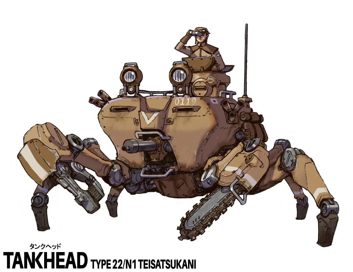 Illustration of a military tank robot inspired by a ghost crab.  This illustration is featured in the book TANKHEAD Mechanical Encyclopedia. 