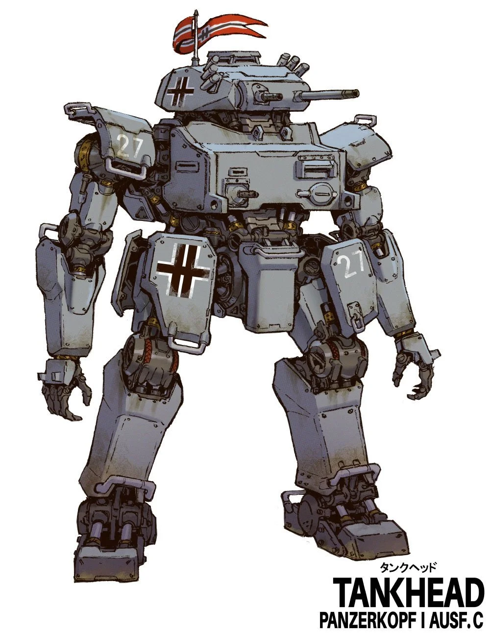 A military robot inspired by the German tank Panzer I, and the name "Tankhead" with Japanese characters and additional German text, standing in a neutral pose. This illustration is featured in TANKHEAD Mechanical Encyclopedia. 