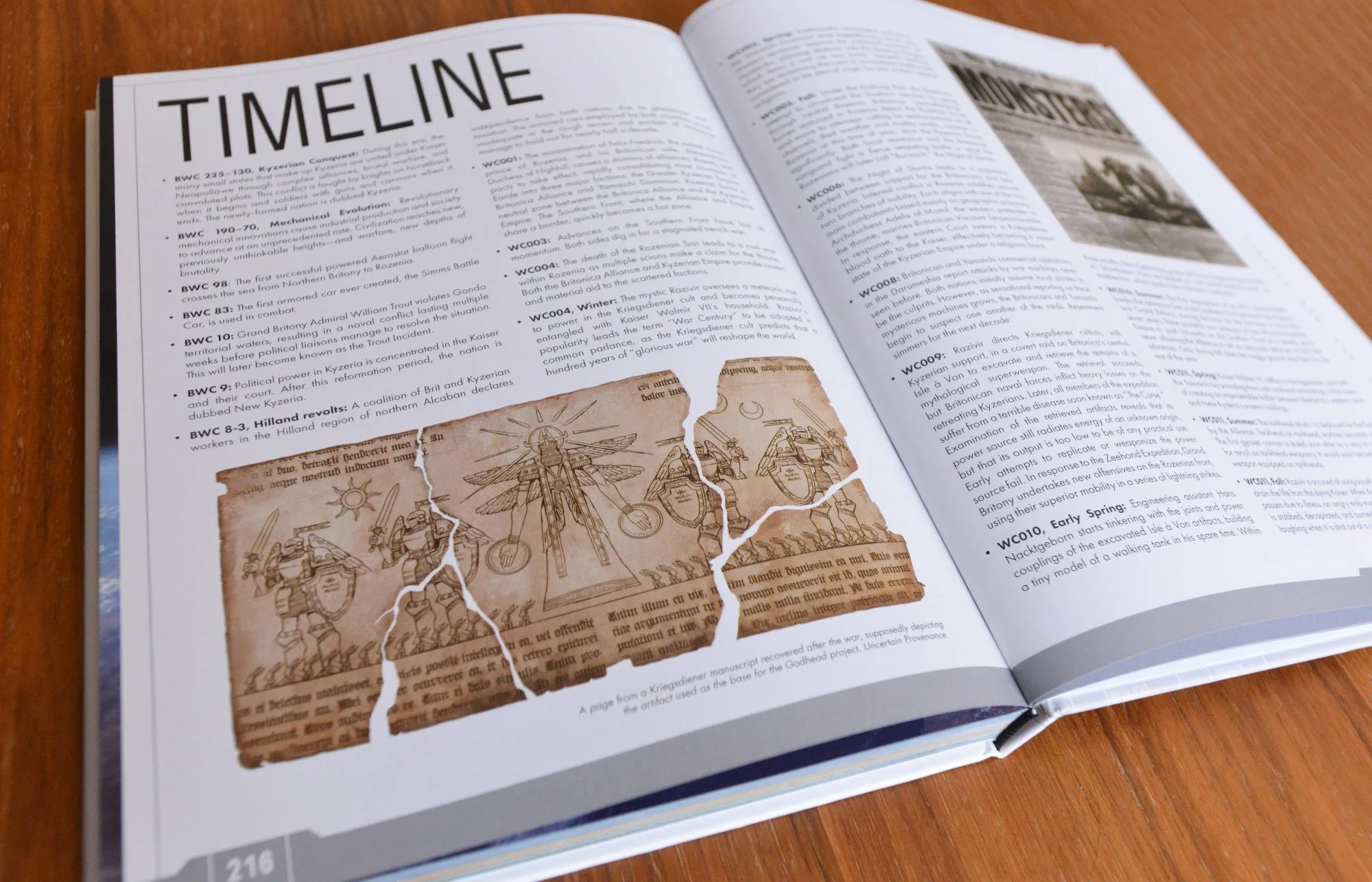 Open book with pages from TANKHEAD Mechanical Encyclopedia, showing the timeline section.
