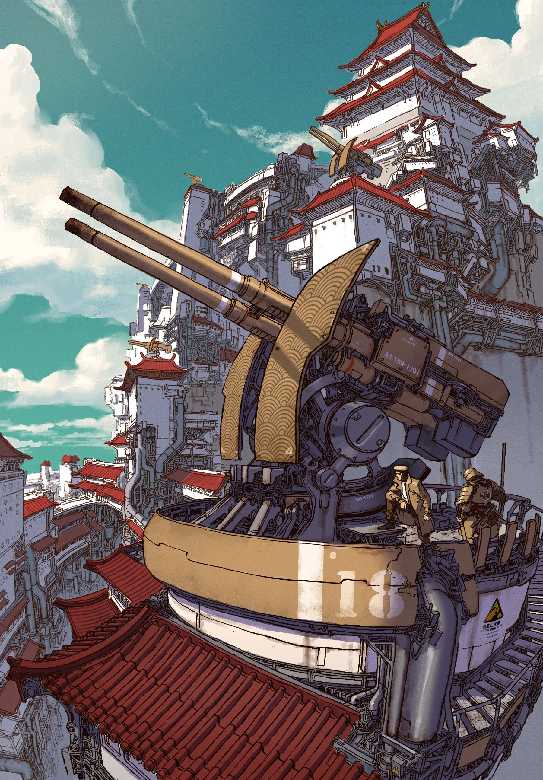 A dieselpunk Japanese castle with traditional Asian architecture and large military artillery gun on rooftop. Two soldiers in uniform stand near gun.
From the book TANKHEAD Mechanical Encyclopedia.