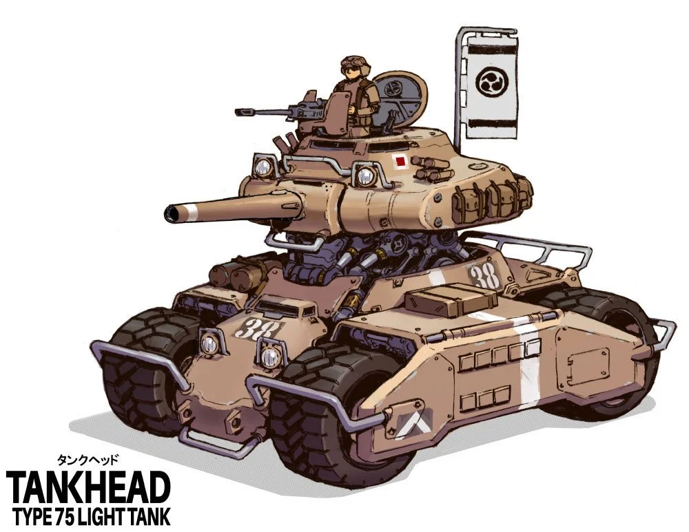 Illustration of a tan military light tank with a soldier in the turret. Inspired by Metal Slug.  This illustration is featured in the book TANKHEAD Mechanical Encyclopedia. 