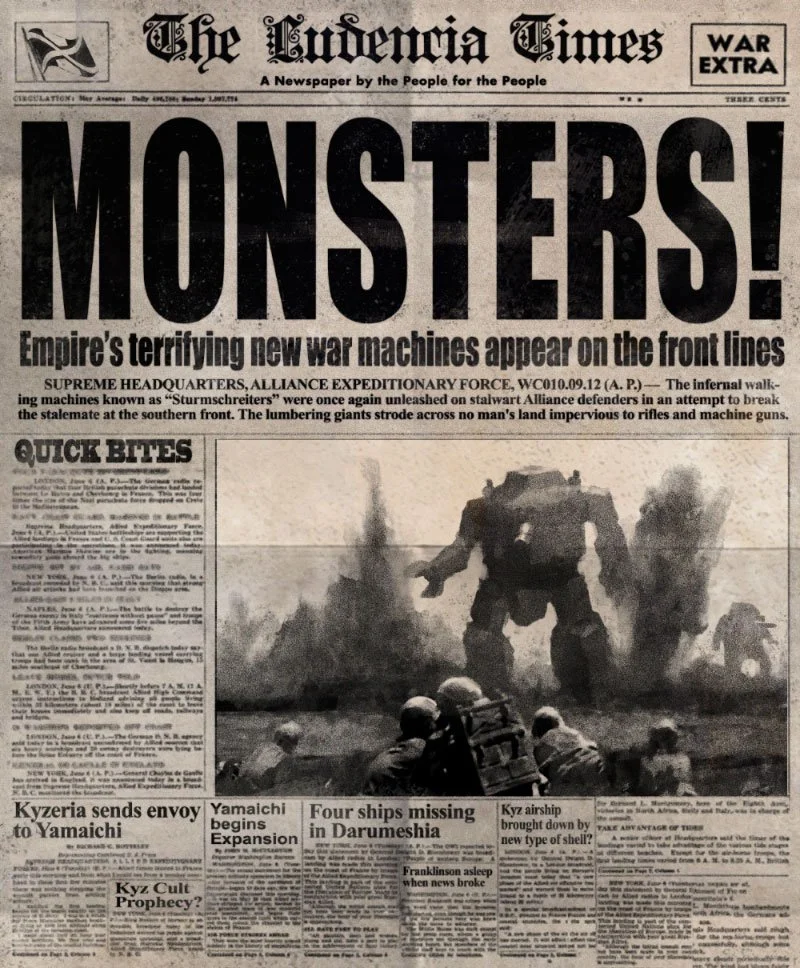 Front page of The Ludencia Times newspaper with the headline 'MONSTERS!' about new war machines. Includes a black-and-white photo of giant humanoid robots in combat, with soldiers nearby on the battlefield.