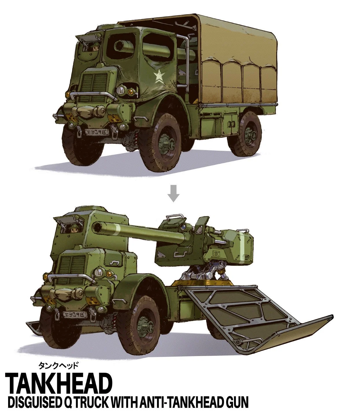 Illustration of a disguised military green truck that actually mounts an anti-tankhead gun.