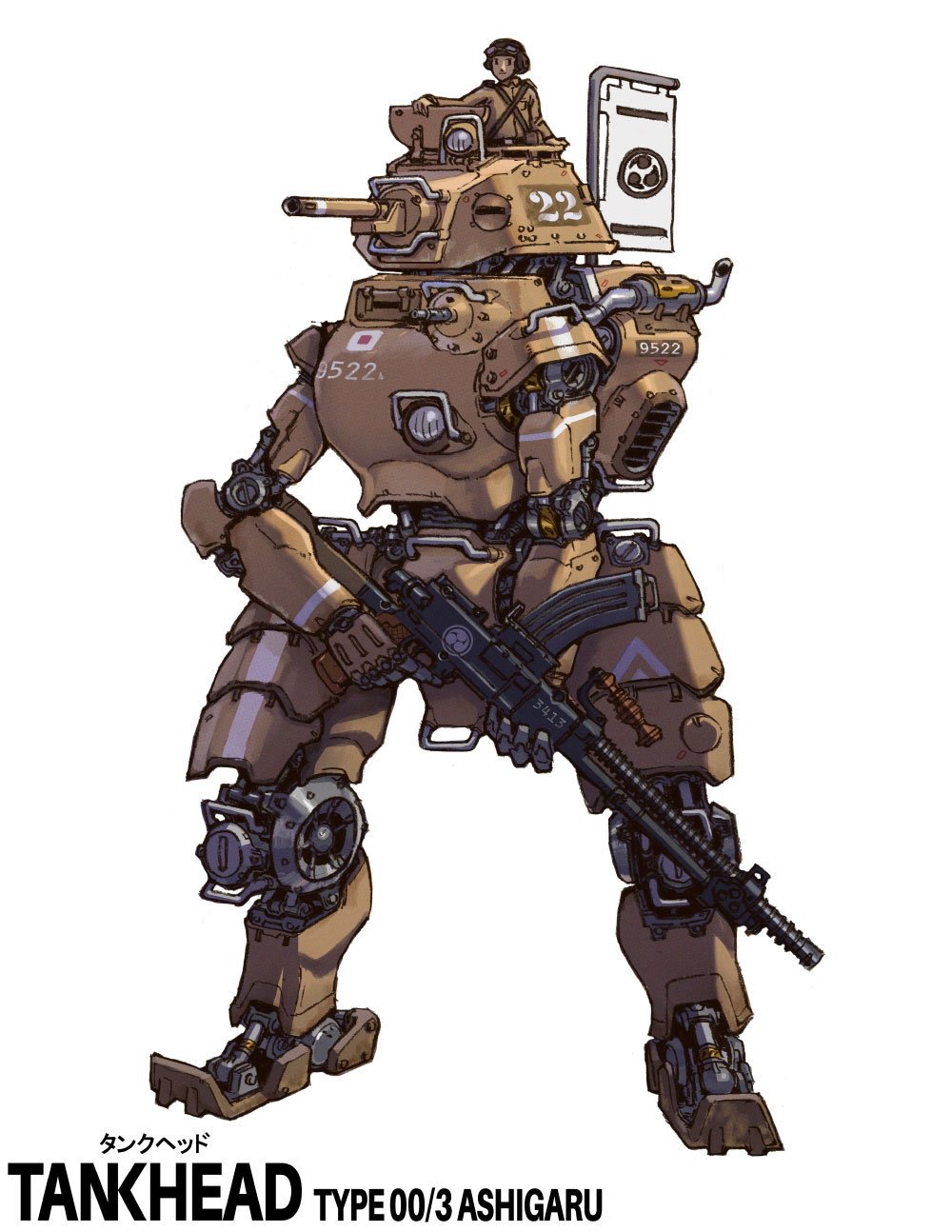 A detailed illustration of a dieselpunk tankhead robot named Type 00/3 Ashigaru, equipped with armor, weapons, and electronic components. This illustration is featured in TANKHEAD Mechanical Encyclopedia. 