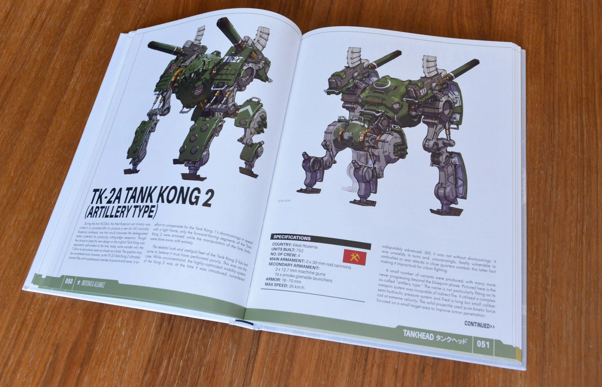 Open book displaying artistic illustrations of two military tank robots named TK-2A Tank Kong 2, with technical specifications and descriptions on a wooden surface.
The book is TANKHEAD Mechanical Encyclopedia.