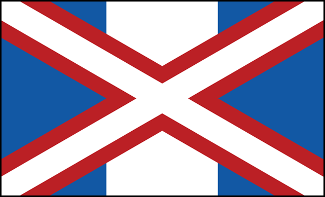 Flag of the fictional nation Grand Britony,  featuring a blue and white design with red accents.  Featured in TANKHEAD Mechanical Encyclopedia.