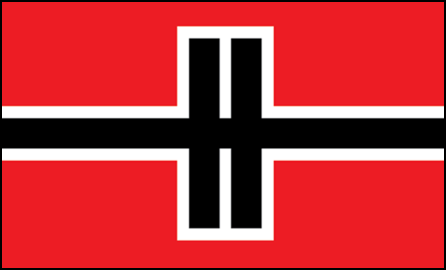 Flag of the fictional nation New Kyzeria, with a red background, black cross outlined in white, and horizontal white stripe crossing the vertical black cross. Featured in TANKHEAD Mechanical Encyclopedia.