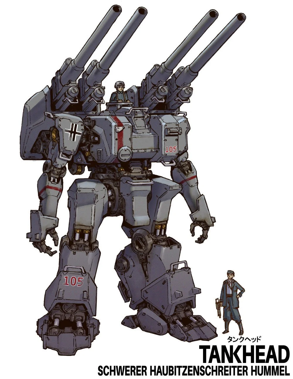 A large, armored, humanoid robot with four large gun barrels on its right shoulder and a smaller human figure in a trench coat and hat standing nearby for scale, with the words "TANKHEAD" and "SCHWERER HAUBITZENSCHREITER HUMMEL" at the bottom. 