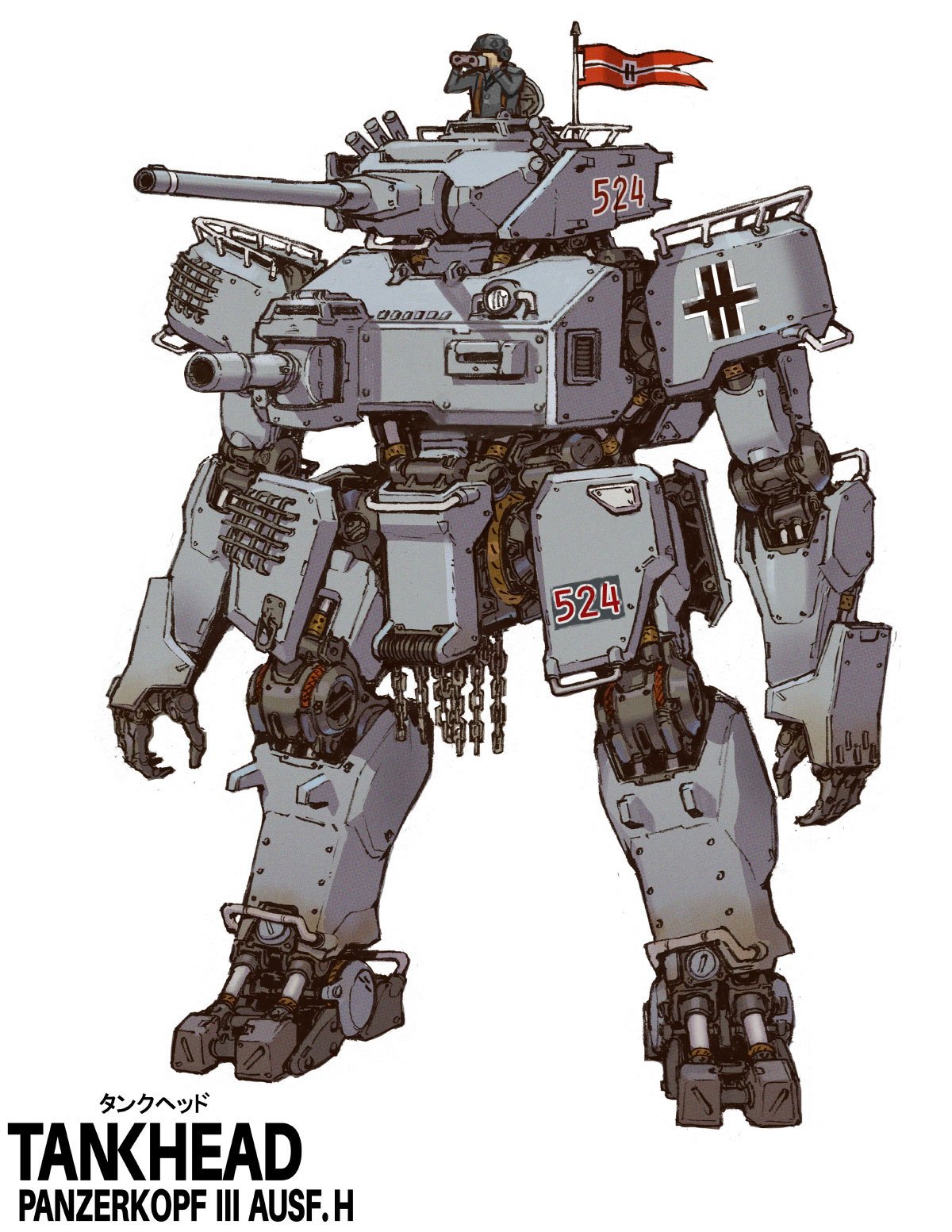 A detailed illustration of a large tank robot with a soldier on top, holding binoculars, and red flags. The robot is gray with military markings including the number 524 and a black cross. The text at the bottom reads "Tankhead, Panzerkopf III Ausf. 