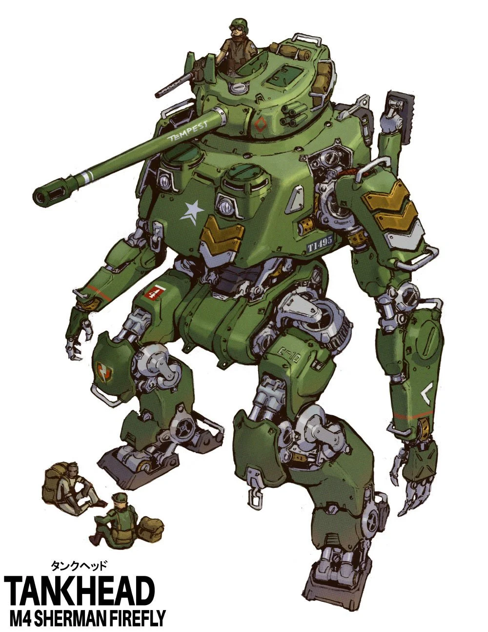 A large green humanoid mech with a tank head, labeled "TANKHEAD" and "M4 SHERMAN FIREFLY," with two soldiers sitting nearby for scale.
