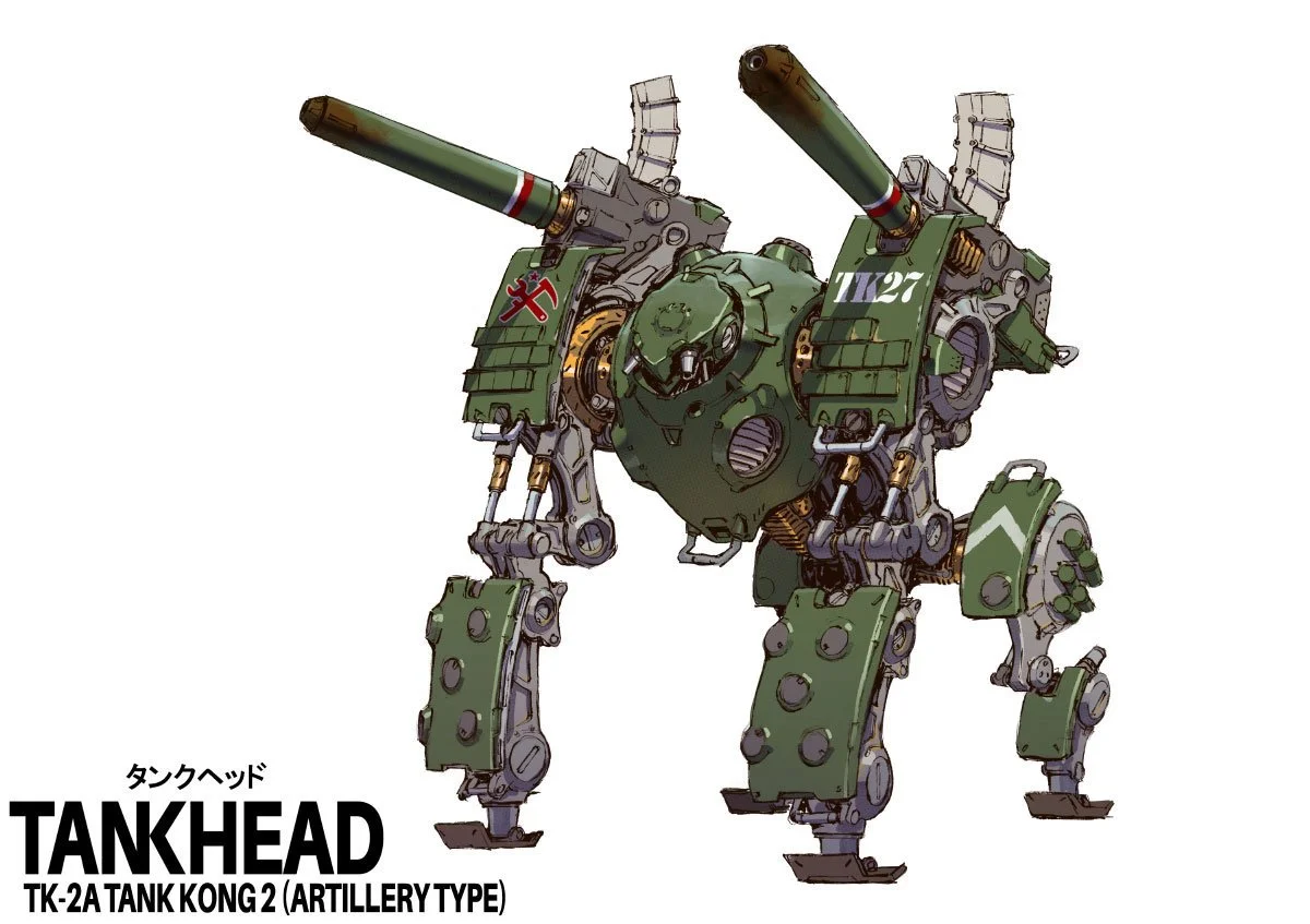 Illustration of a large, green, mechanical combat robot with two cannons on its shoulders, labeled 'TANKHEAD' and 'TK-2A TANK KONG 2 (ARTILLERY TYPE)'