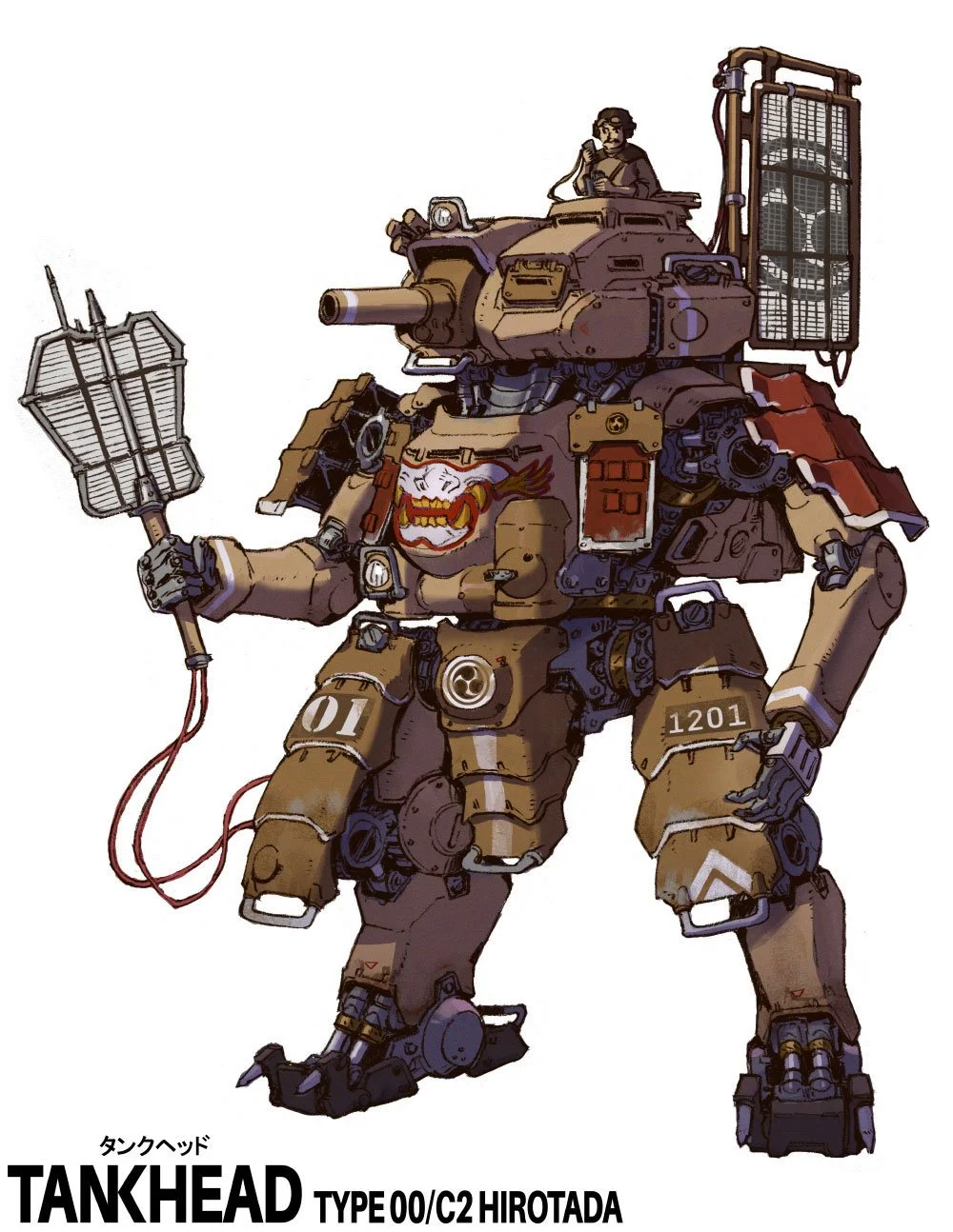 A large, humanoid robot with tank elements, including a tank turret on its head, a tank cannon on its chest. This illustration is featured in TANKHEAD Mechanical Encyclopedia. 
