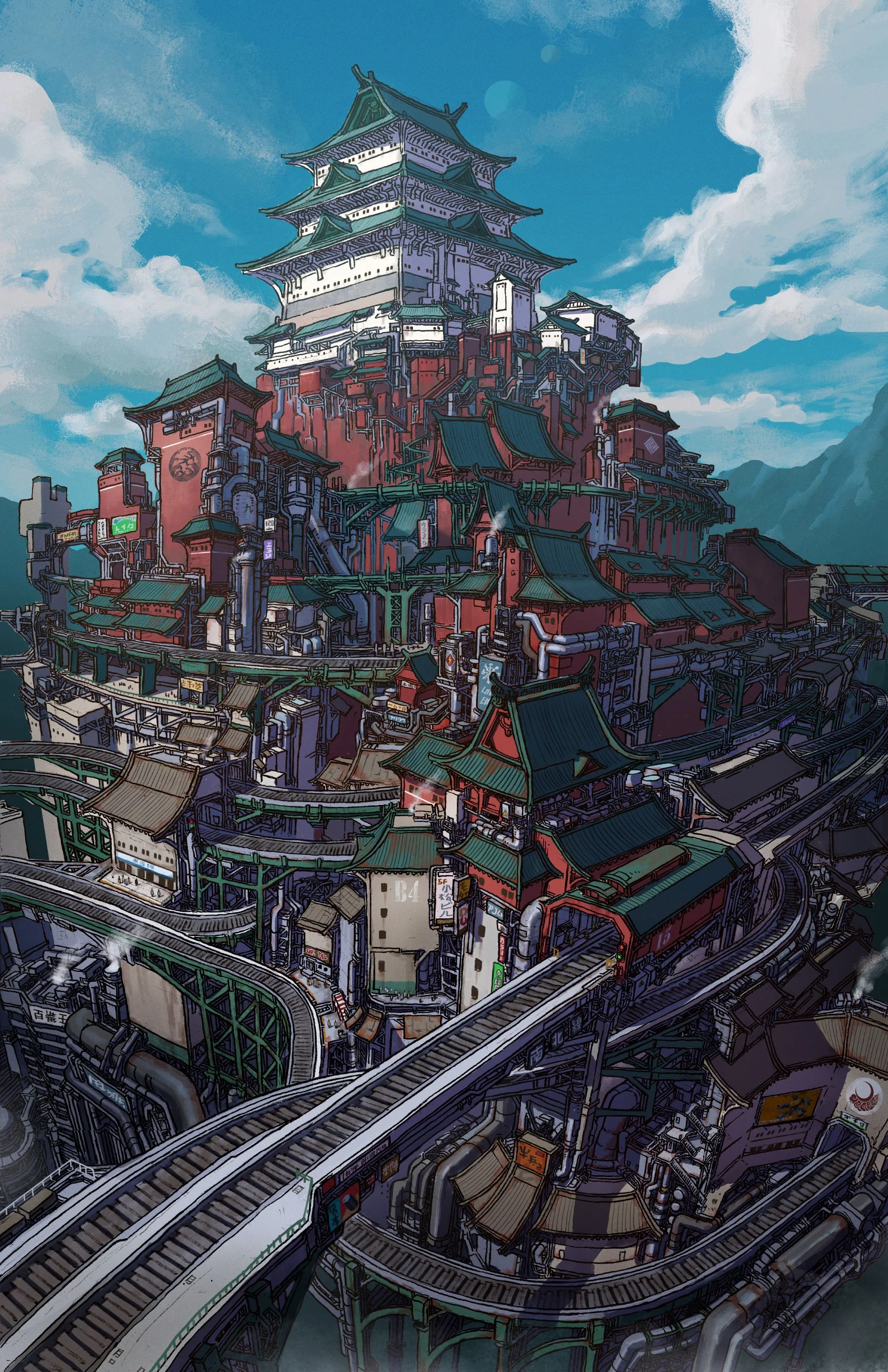 Digital artwork of a feudal Japanese inspired metropolis with a mix of Asian architectural styles, featuring multi-level buildings, intricate piping, and elevated train tracks against a blue sky with clouds.
From the book TANKHEAD Mechanical Encyclop