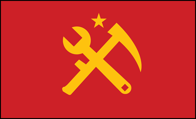 Flag of the fictional nation West Rozenia, featuring a red background featuring a yellow wrench crossed with a yellow scythe and a yellow star above them. Featured in TANKHEAD Mechanical Encyclopedia.