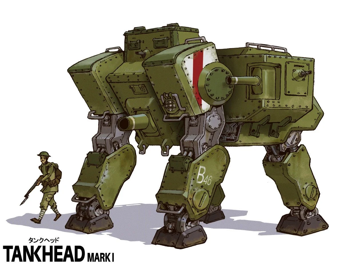 A large, green, robotic tank with four legs inspired by the British Mark I tank, a human soldier standing beside it.