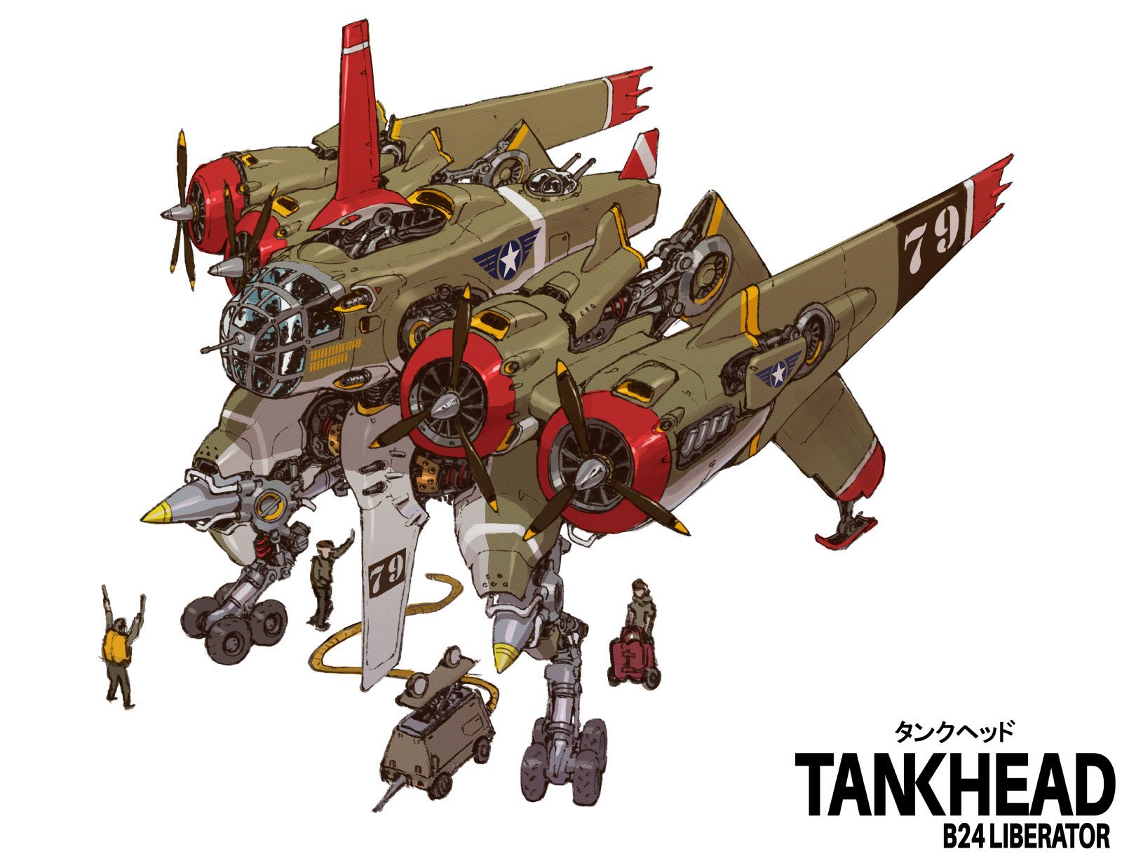 A detailed illustration of a dieselpunk military aircraft robot inspired by the B24 Liberator Bomber. This illustration is featured in the book TANKHEAD Mechanical Encyclopedia.
