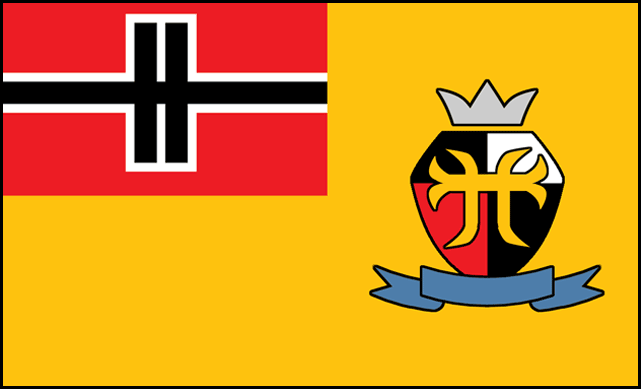 A flag with a yellow background, a red arrow cross with black and white borders in the upper left corner, and a coat of arms in the right center featuring a shield with a black, red, and white design, a crown on top, and a blue ribbon underneath.