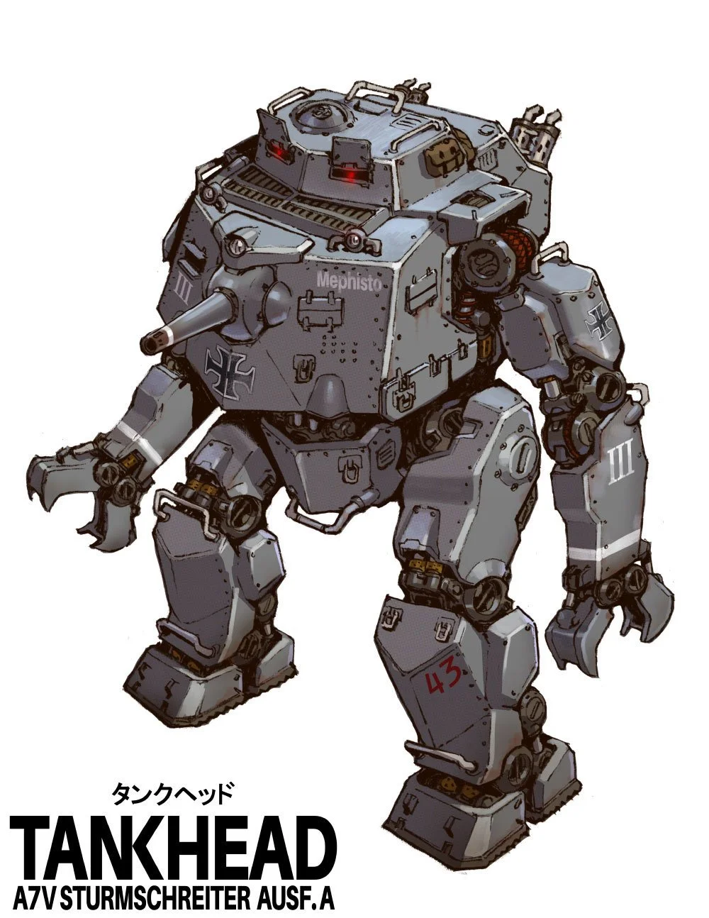 A detailed digital illustration of a large, gray, heavily armored tank robot with a human-like shape, featuring a gun barrel protruding from its head and various mechanical details like gears and panels. Inspired by the German Tank Sturmpanzerwagen. 