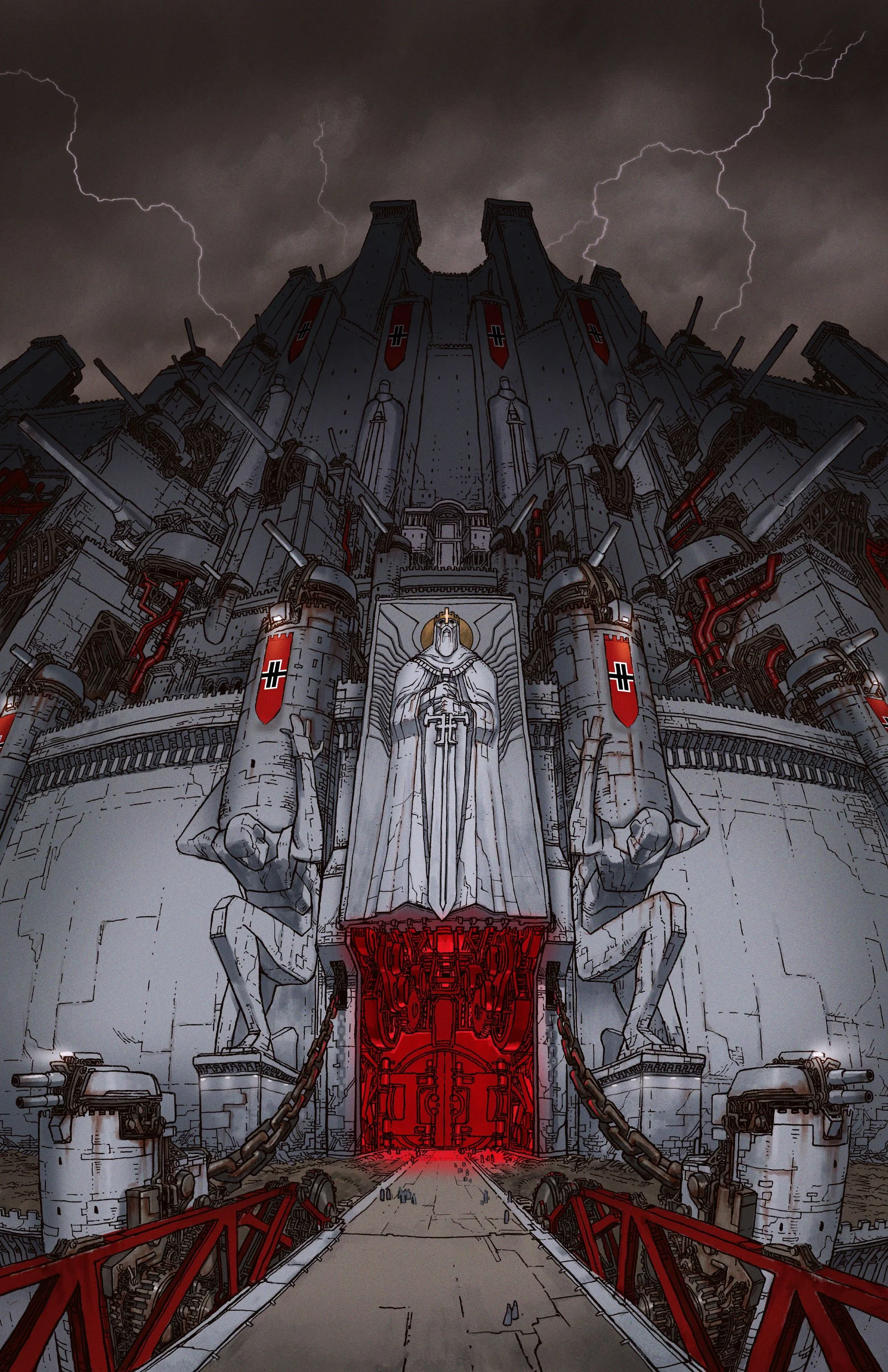 A dark, stormy sky with lightning strikes above a large fortress with Gothic architecture, featuring a giant statue of a medieval knight above the dark red gates, flanked by chain-linked posts and guard rails.
From the book TANKHEAD.