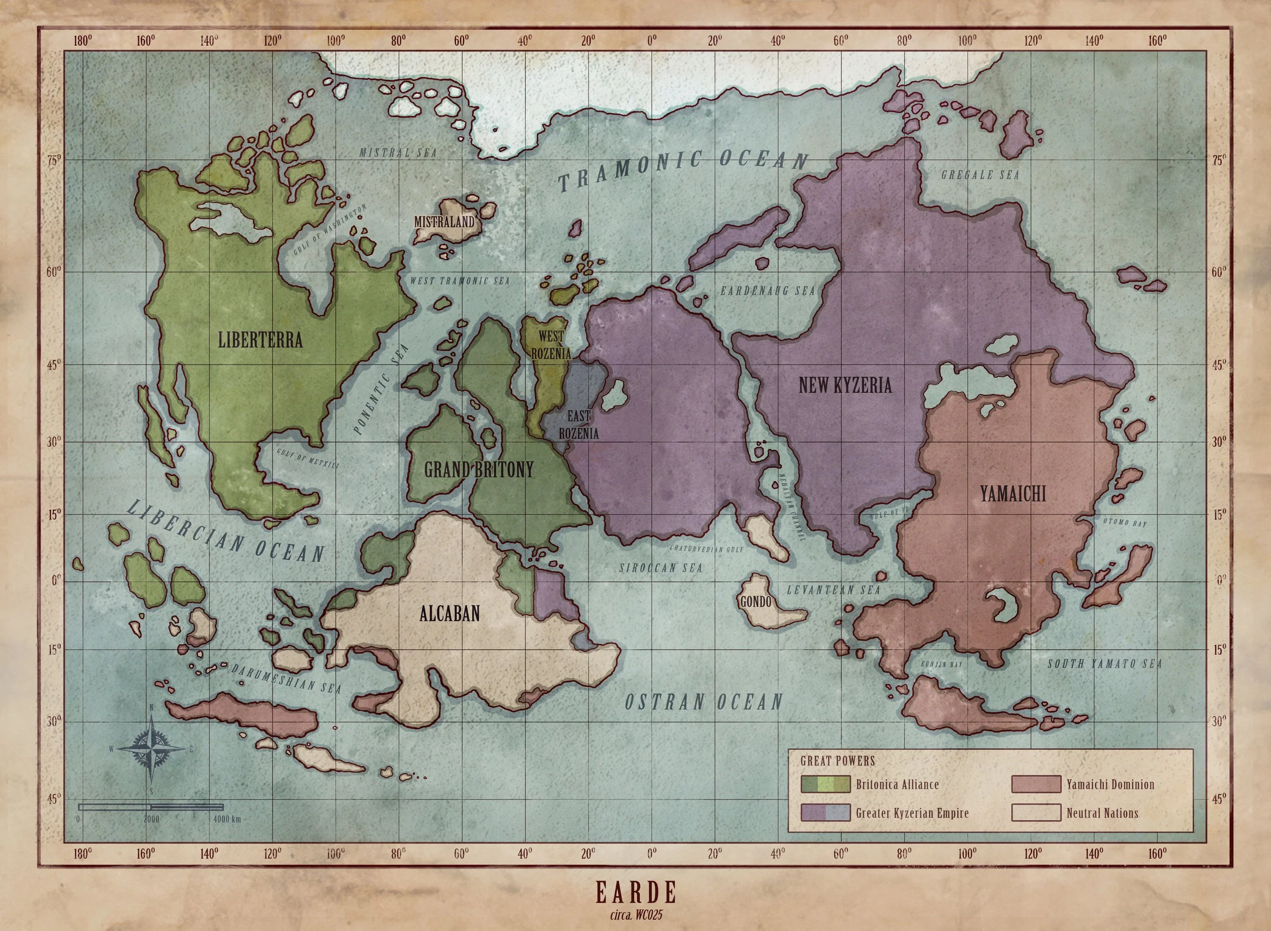 A historical fantasy map of Earde, showing different nations and regions labeled: Liberterra, Grand Britony, Alcaban, New Kyzeria, Yamaichi, West Rozenia, East Rozenia and others.