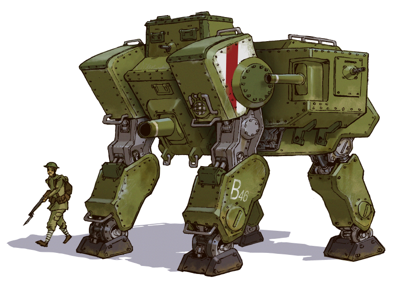 A large, green military mech with a cannon on its front, based on the Mark I tank from WW1.