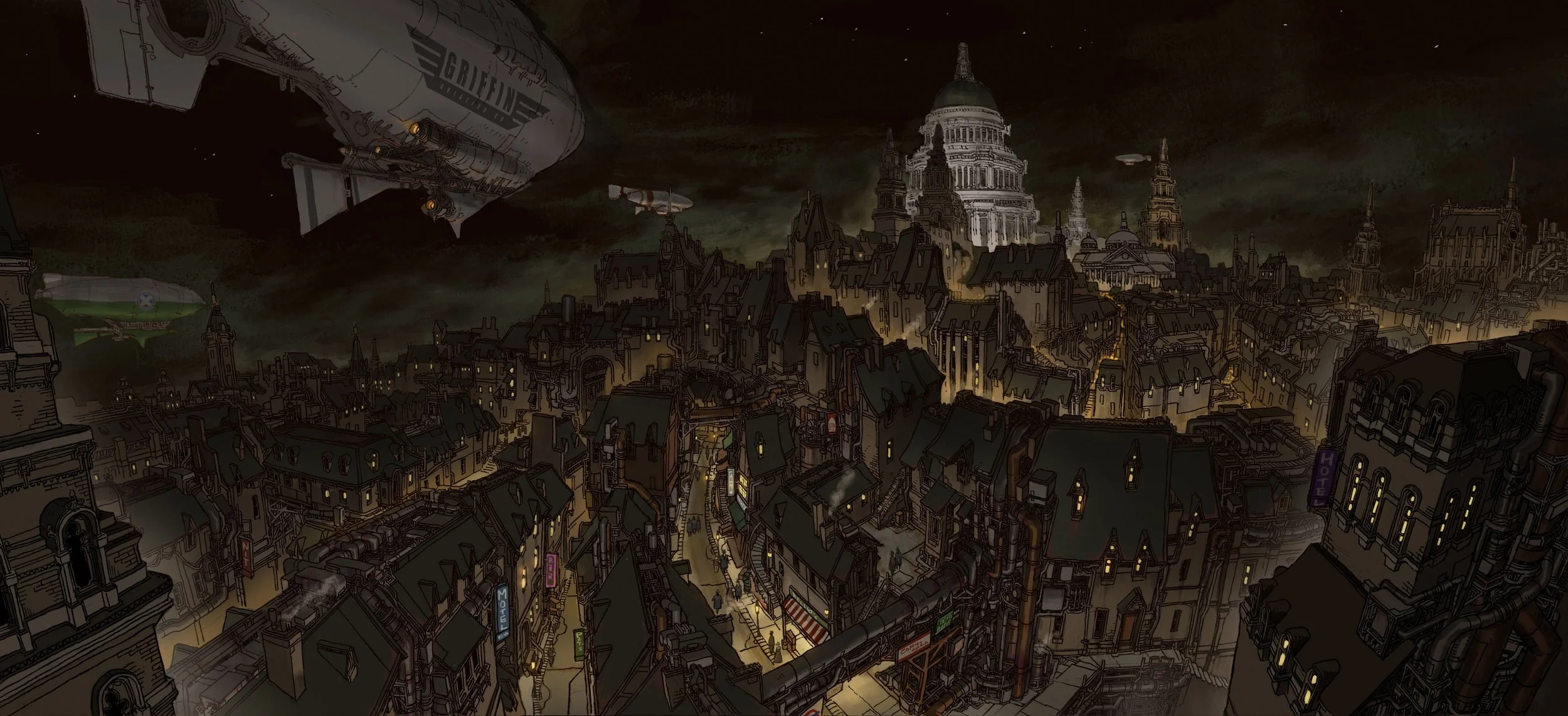 A nighttime cityscape with a mix of old European-style buildings and futuristic flying ships, including a large spaceship labeled "GRIFFIN" in the sky above. The city is illuminated by faint lights and appears to be under a dark, cloudy sky.