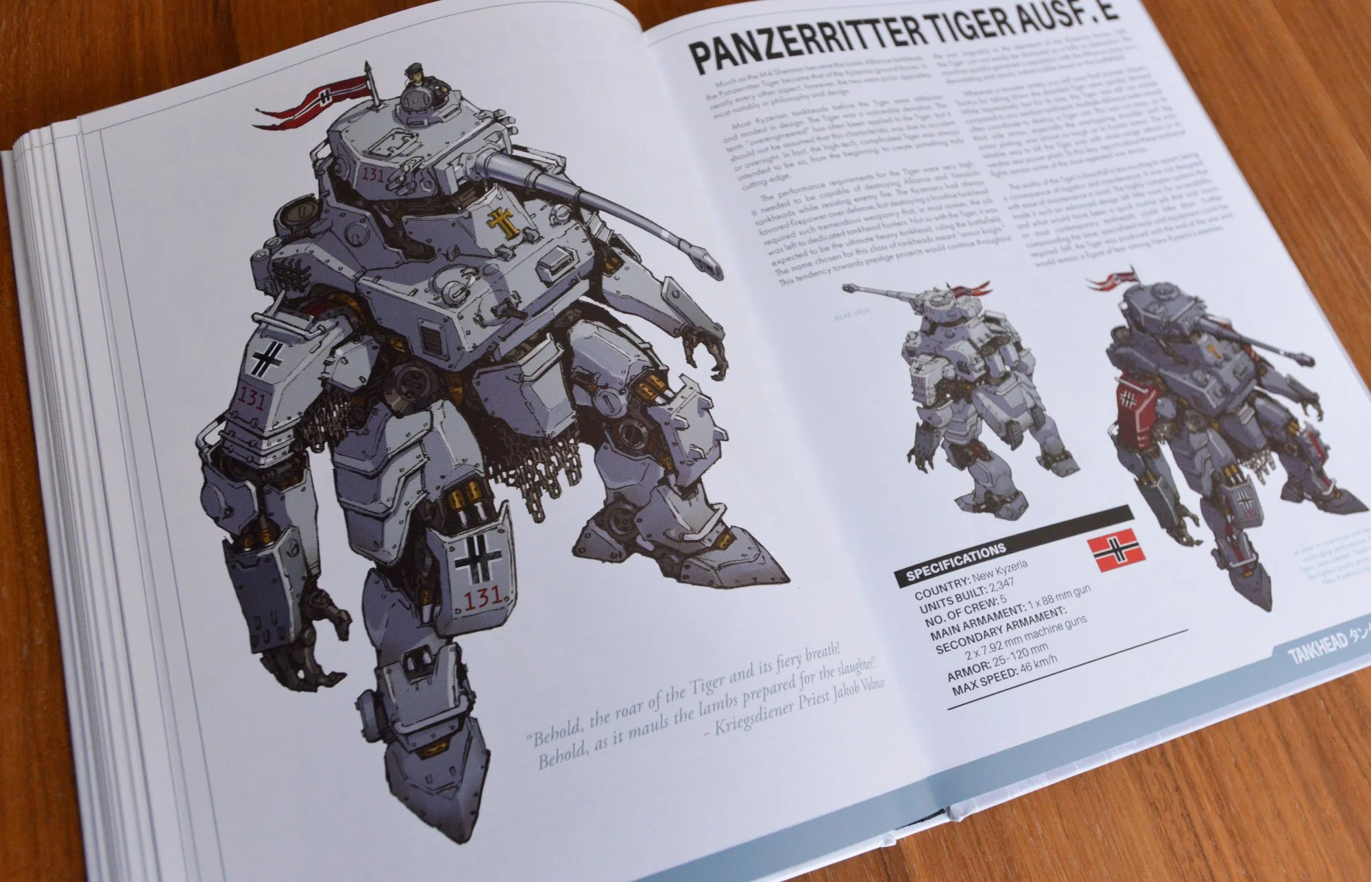 Open book featuring illustrations of armored tank robot inspired by WW2 Tiger Tank with, labeled 'Panzerritter Tiger Ausf. E,' along with technical specifications and a quote at the bottom.