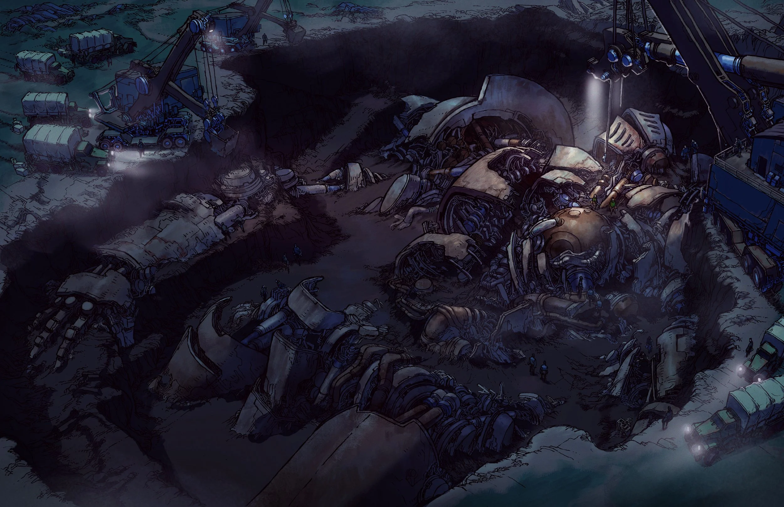 A large excavation site with heavy construction machinery and trucks working excavating the remains of a giant steampunk knight robot.