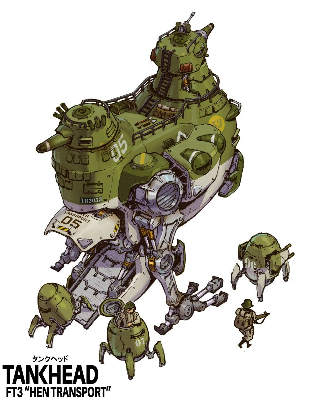 Futuristic military tank transport in the shape of a Chicken Hen, with personnel and smaller egg shaped walking tankettes surrounding it. 