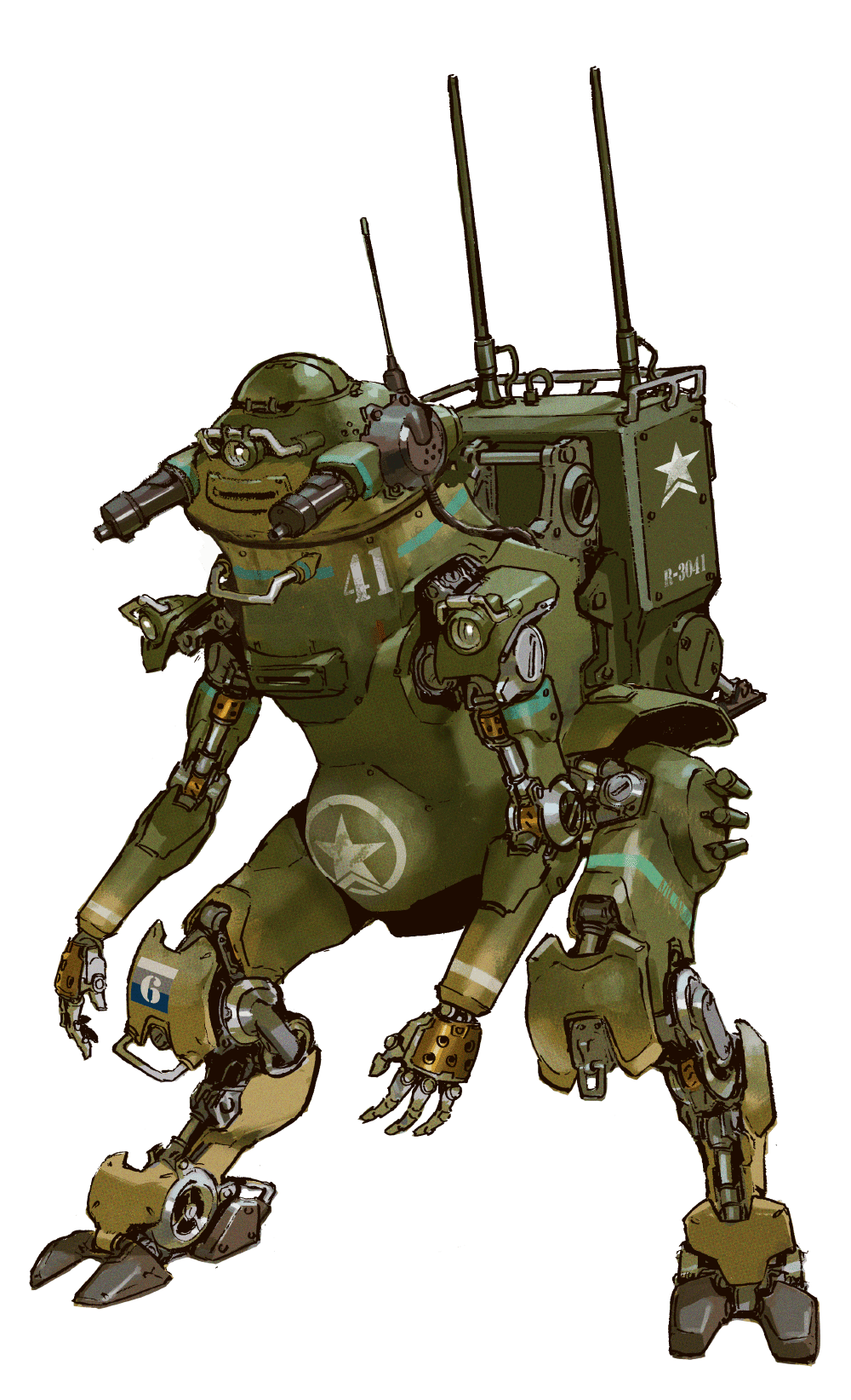 Illustration of a green robotic combat mech with a star insignia, multiple antennas, and various mechanical limbs and weaponry.
From the book TANKHEAD Mechanical Encyclopedia.