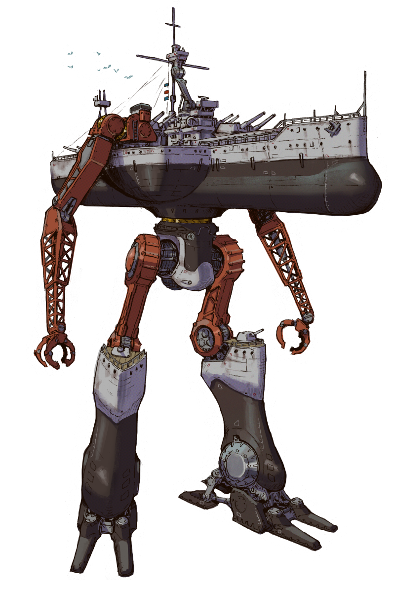 Illustration of a mech based on the Dreadnought battleship.