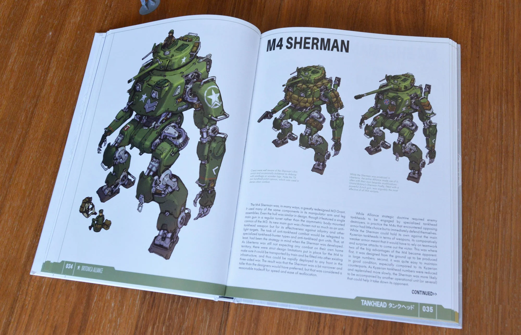 Open book showing illustrations and description of tankhead units, focusing on the M4 Sherman, with large detailed images of the tankhead in green camouflage and text explaining its features and history.
The book is TANKHEAD Mechanical Encyclopedia.