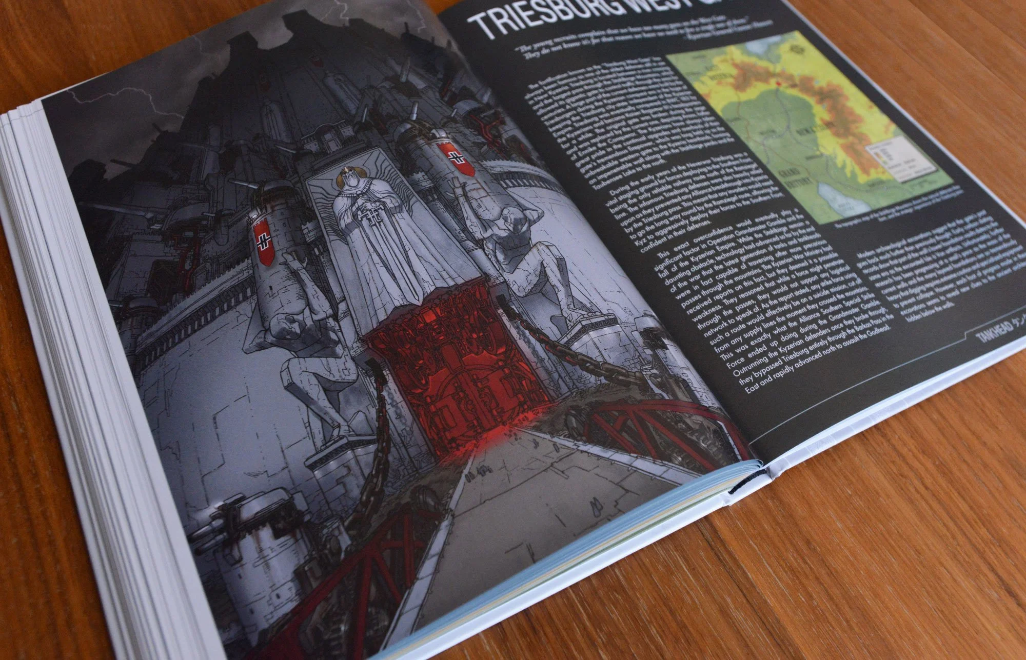 A page of TANKHEAD Mechanical Encyclopedia artbook, depicting the Triesburg West Gate, a medieval giant wall with cannons stacking up as far as the eye can see