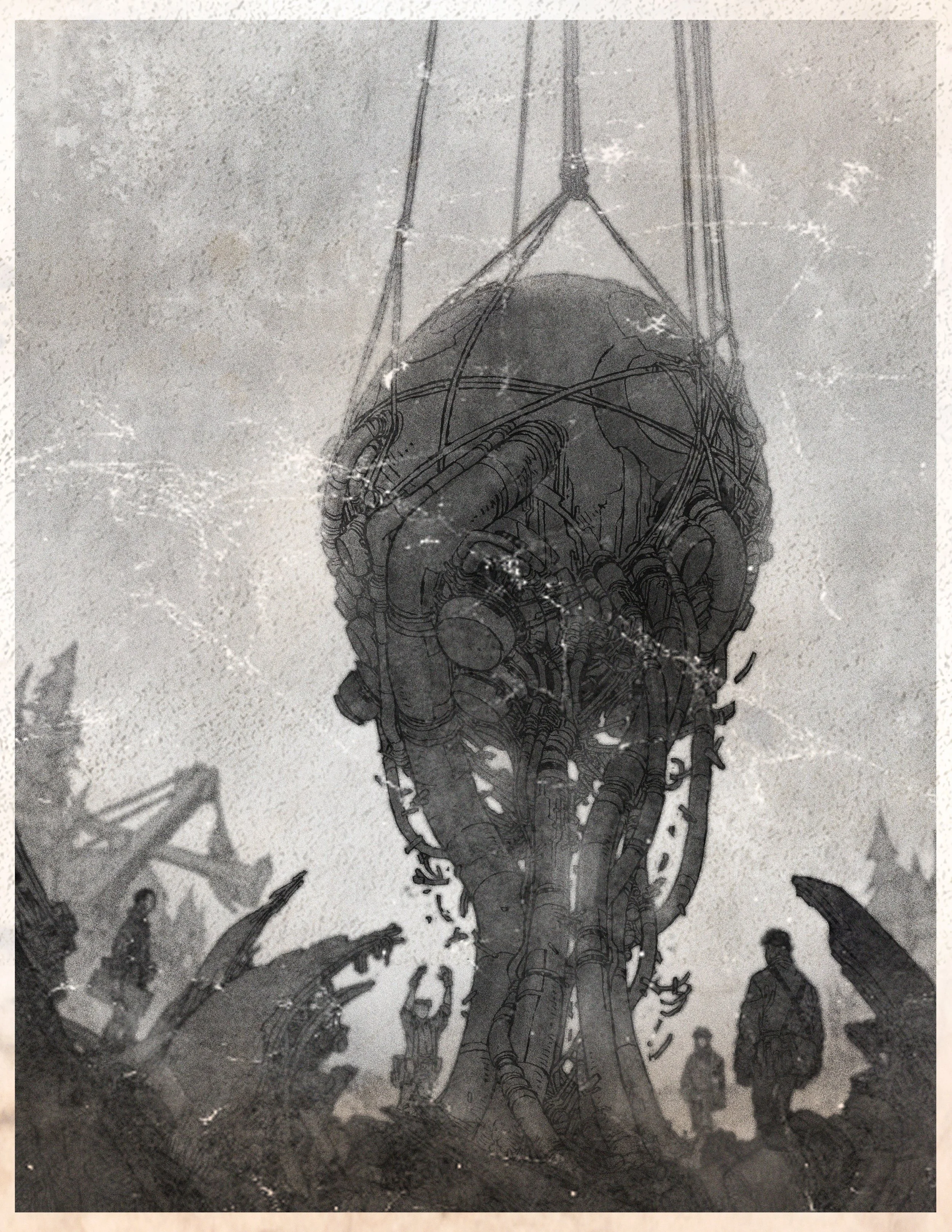 A large mechanical reactor shaped like a heart suspended in the air by cables, with several people walking beneath it in a foggy, desolate environment.