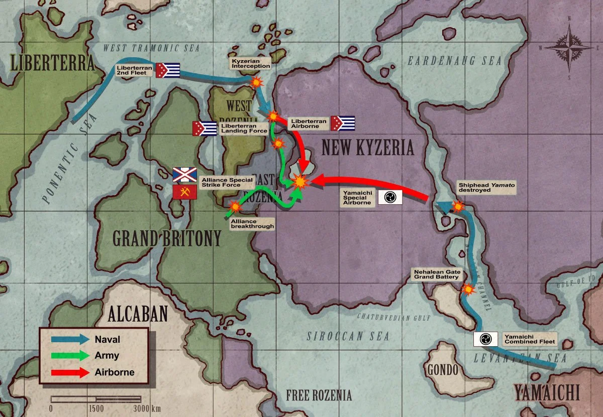 Map showing the Military Operation known as the Grandmaster Gamble, with naval, army, and airborne operations in a fictional region. Featured in TANKHEAD Mechanical Encyclopedia.