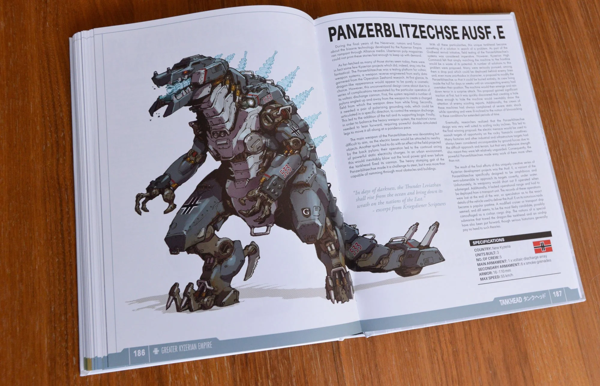 Illustration of a large, armored, bipedal robot with weapons, labeled 'Panzerblitzechse', featuring armor plating, mechanical joints, and guns on its back, on an open book spread about the Greater Kyzerian Empire.
The book is TANKHEAD.