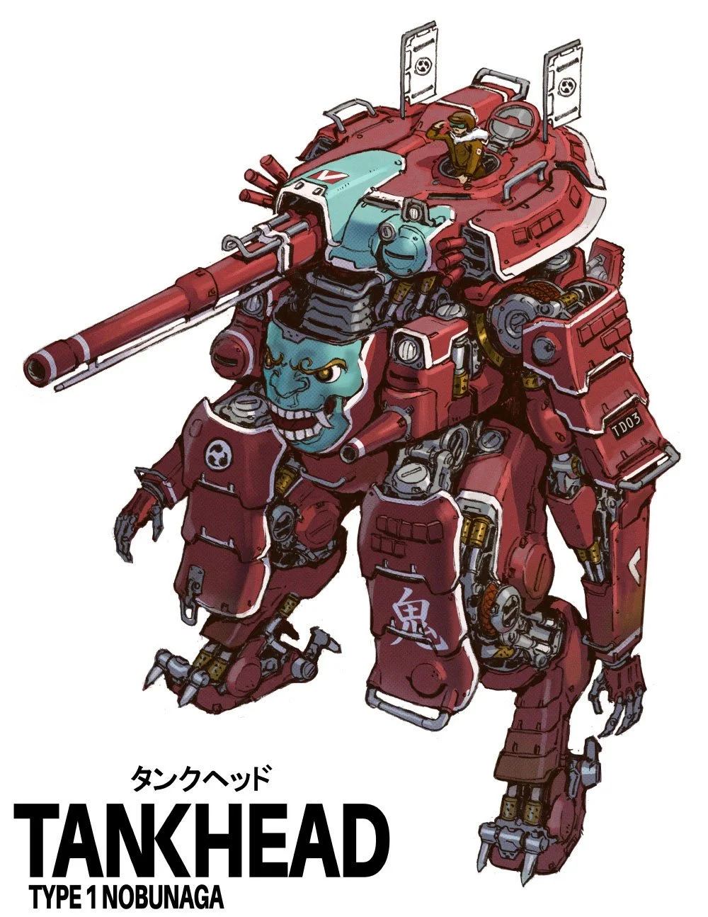 Illustration of a red mech with a tank head, featuring a snarling face on the front and a turret with a soldier on top. The mech has various mechanical parts, armor, and Japanese characters on its legs, and the text "TANKHEAD TYPE 1 NOBUNAGA" at the 