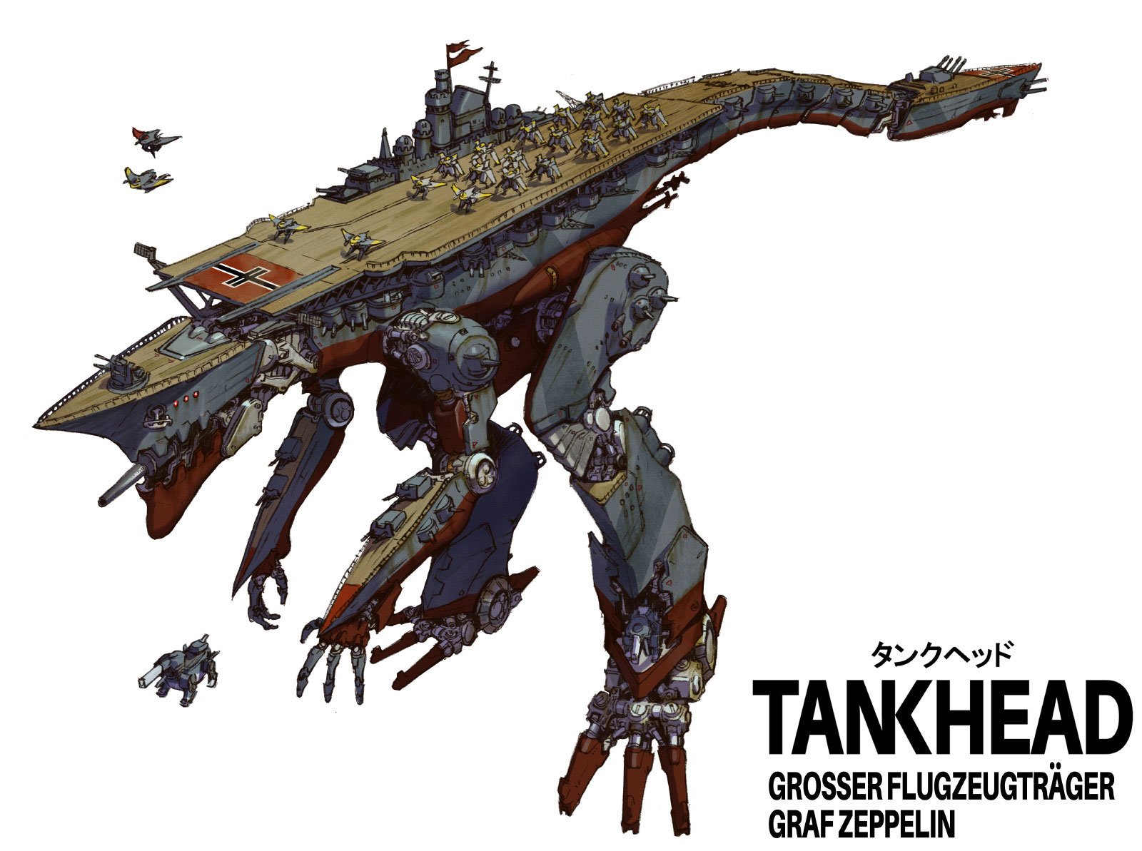 Illustration of a large, mecha that resembles an aircraft carrier mixed with Godzilla or a T-rex, featuring various ships and fighter jets. This illustration is featured in TANKHEAD Mechanical Encyclopedia. 