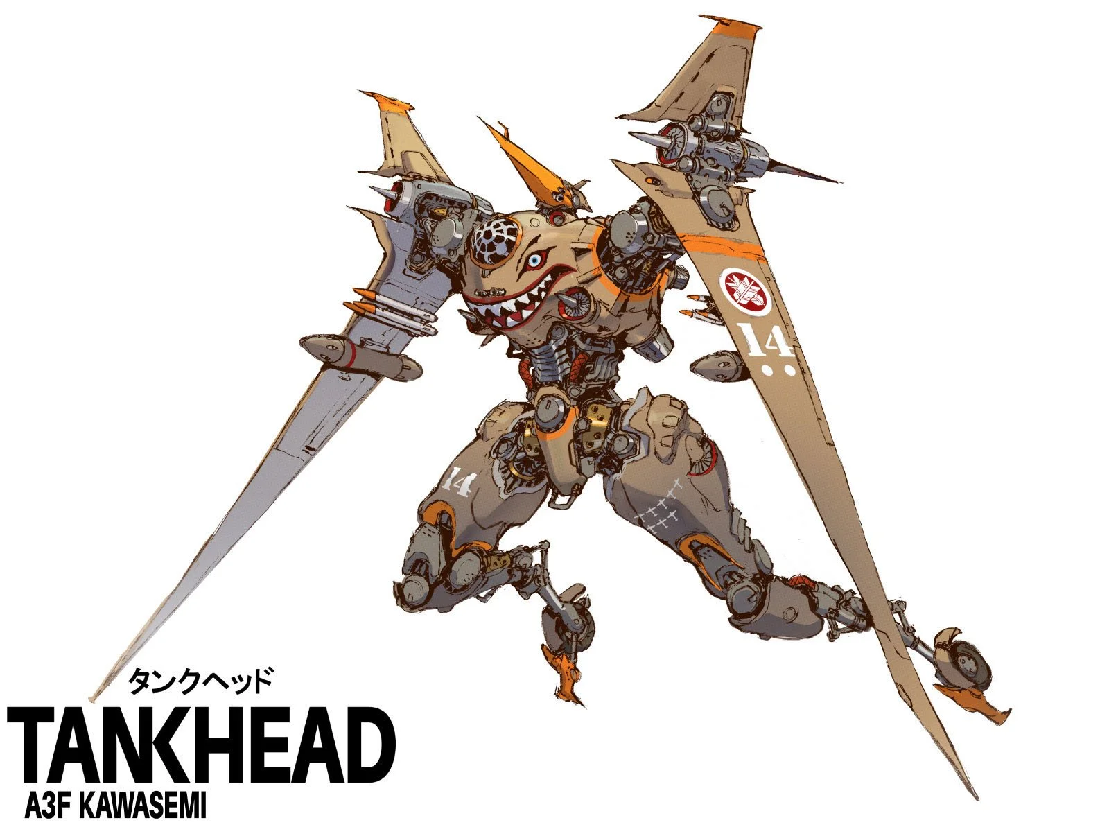 A dieselpunk jet robot with a shark-like face, sharp teeth, and a fierce expression, equipped with large wings, armor, and weaponry, featuring the number 14 and various markings, with text in English and Japanese.